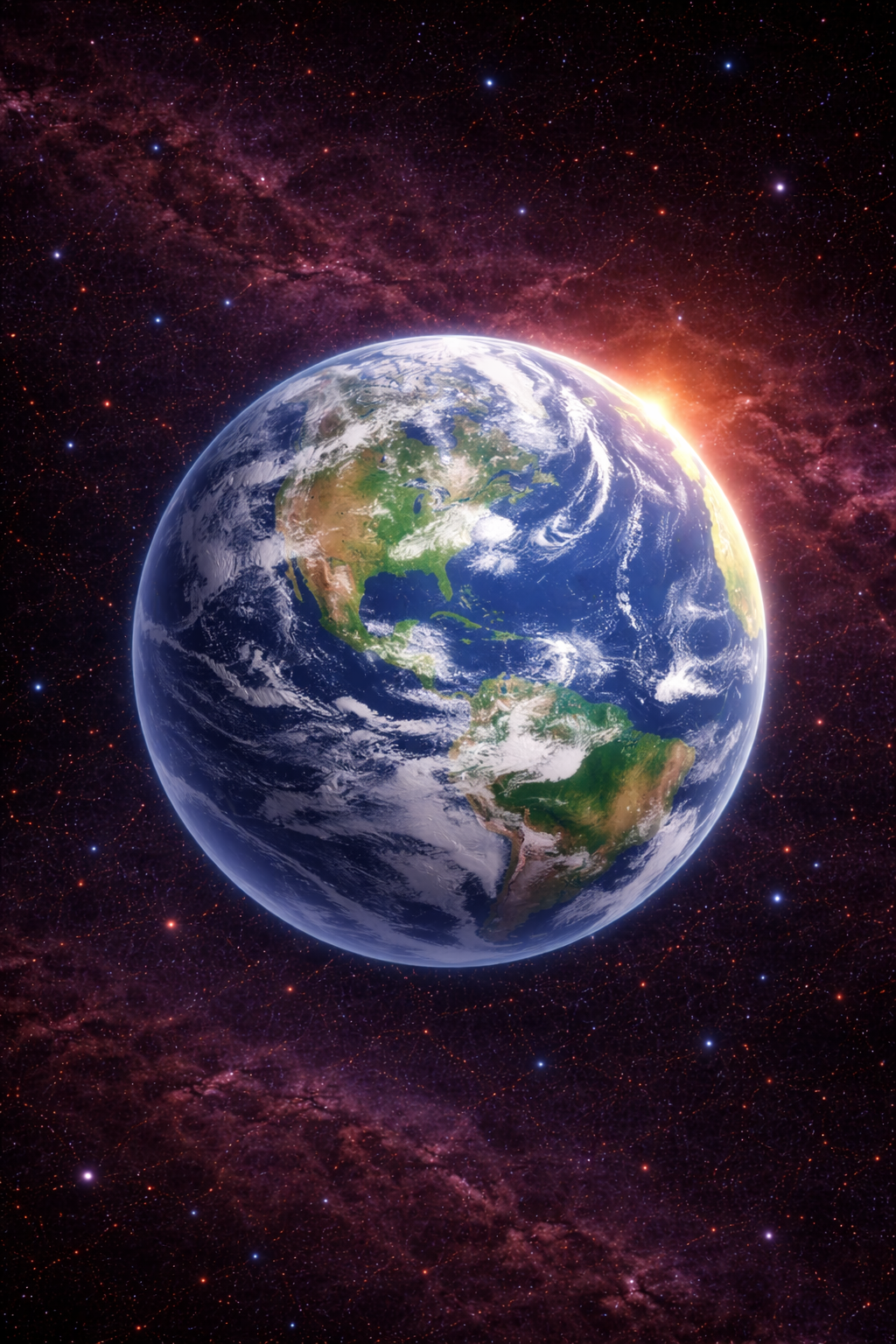 A blue Earth with oceans, clouds, and sunlit land.