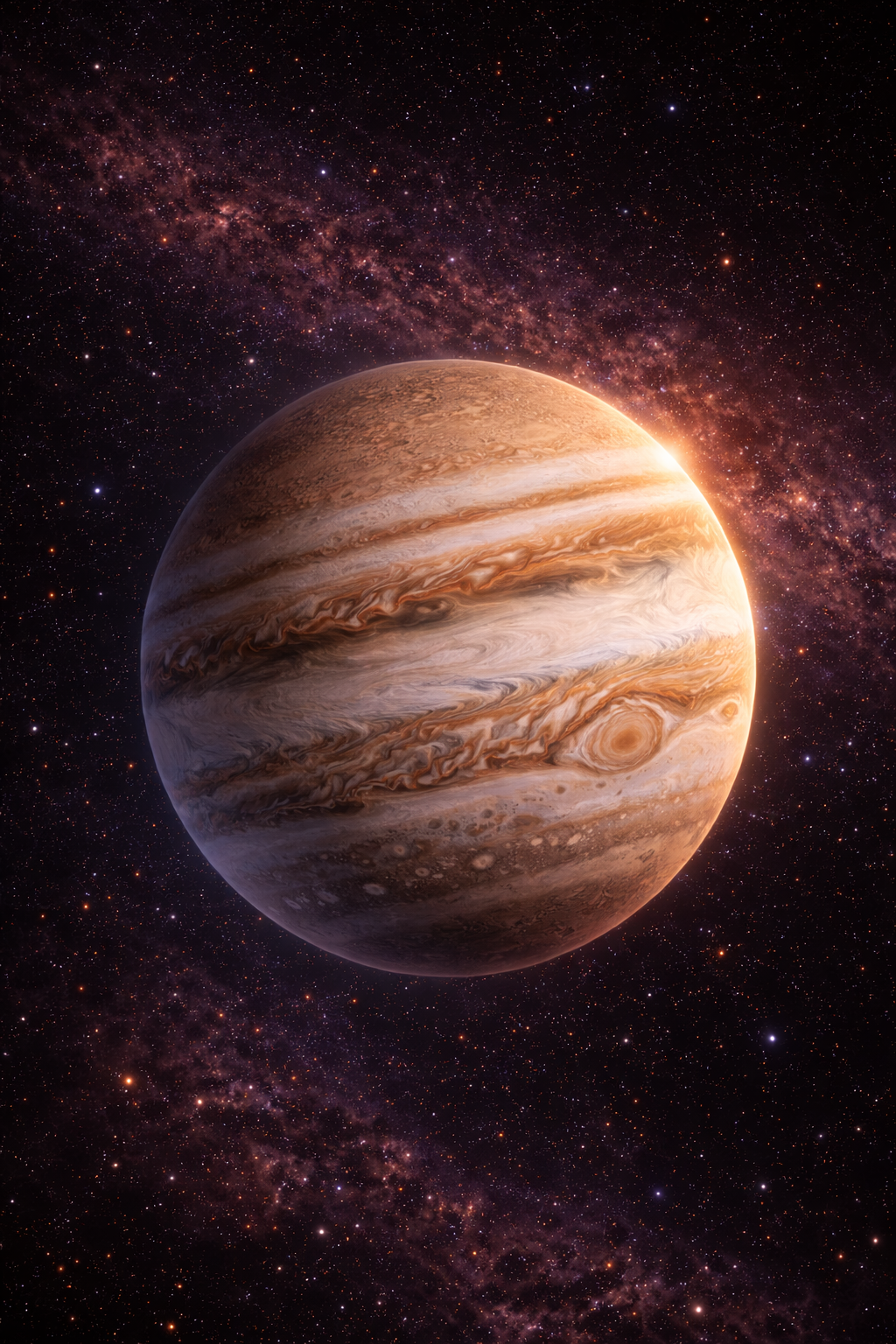 A huge striped planet with bands of cream and brown.