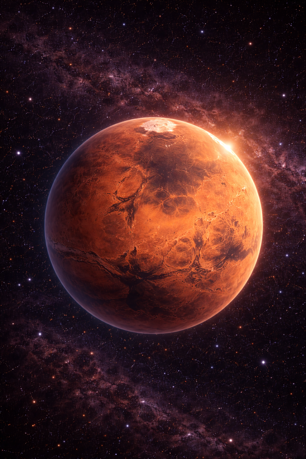 A red rocky planet glowing against a starry background.