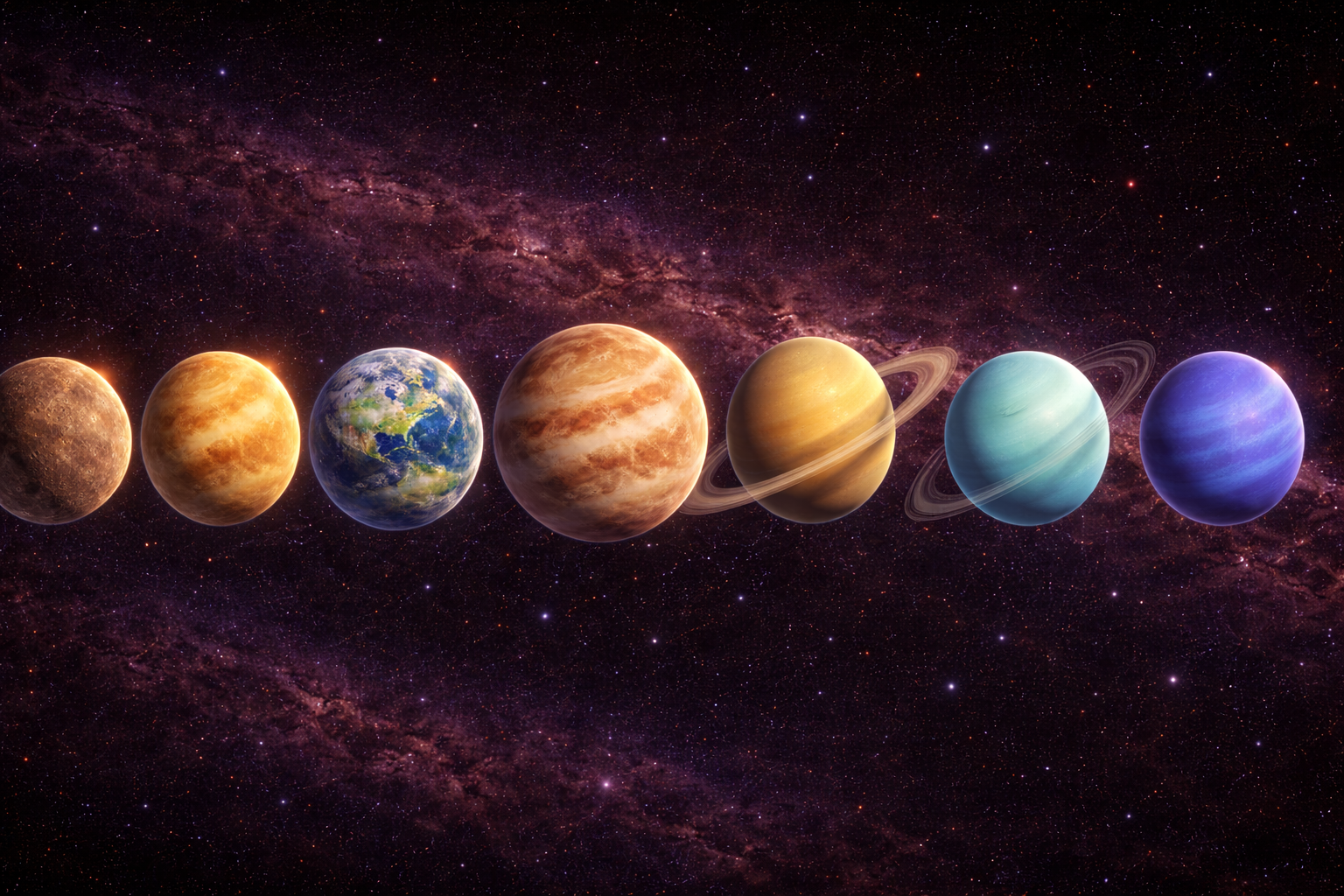 A line of the major planets against a starry background.