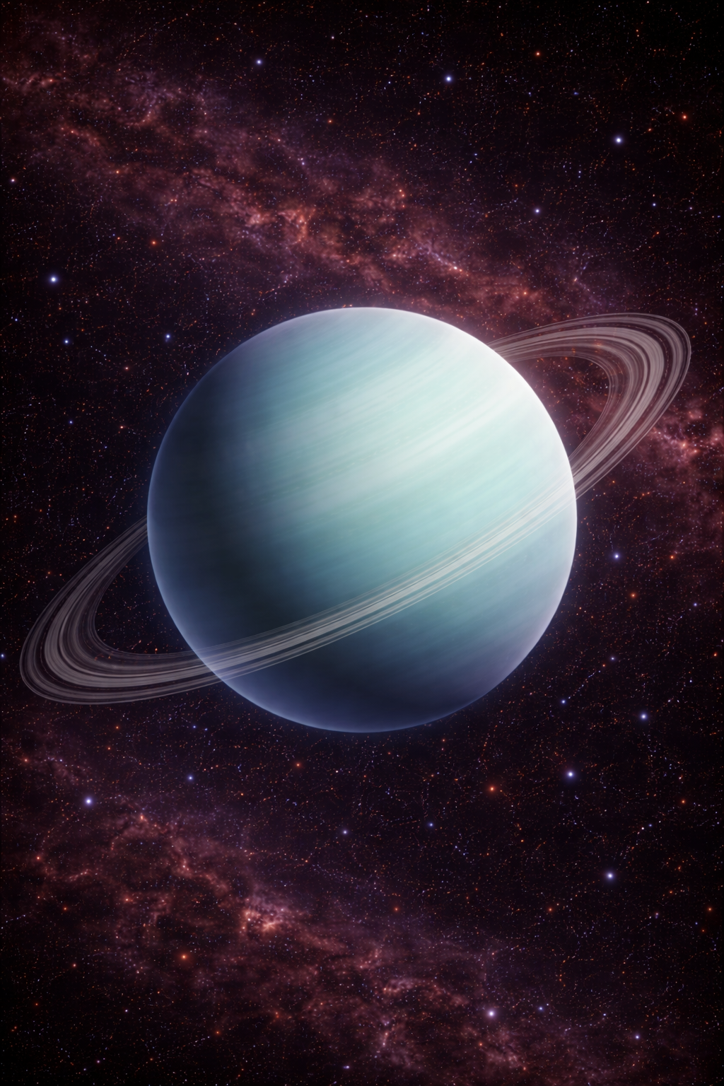A pale blue-green planet with a thin ring crossing in front of it.